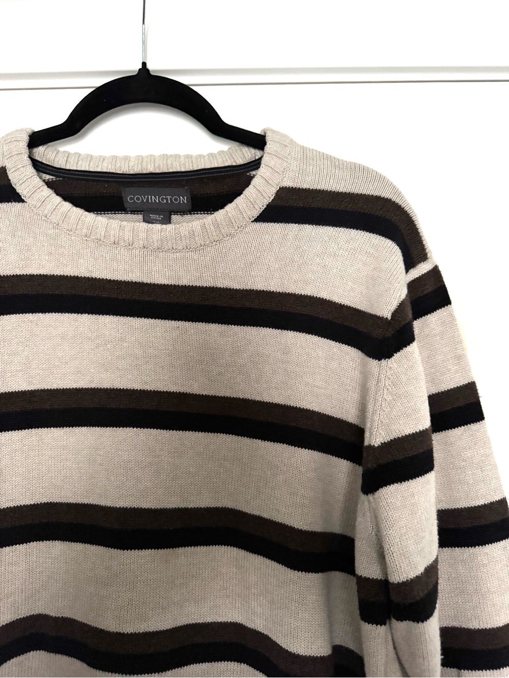 Covington Men's Cream Crewneck Sweater with Brown and Black Stripes